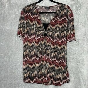 Brittany Black 2X Top Shirt Brown Red Striped Scoop Neck Short Sleeve Textured